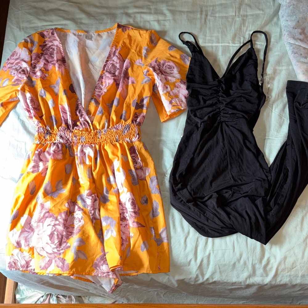 Floral Orange Dress and Black Jumpsuit